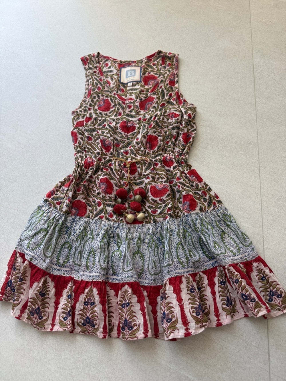 Girls size 6 BELL Boho Floral Tiered Sundress with Pom Trim - Red, Olive & Blue